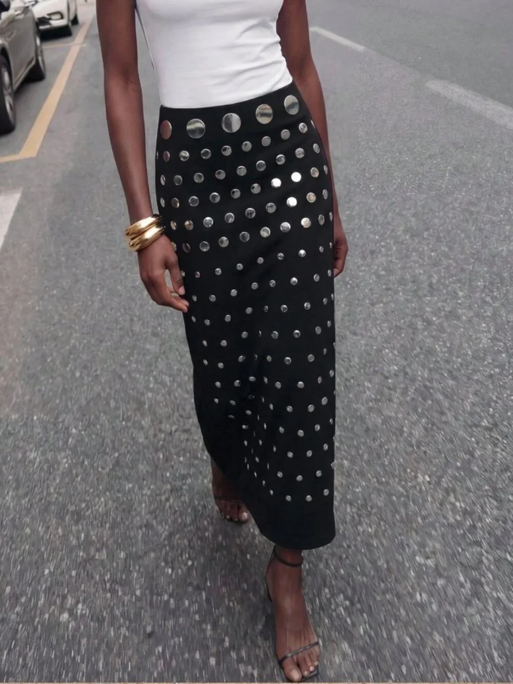 Black Elegant Studded Women's Straight Skirt